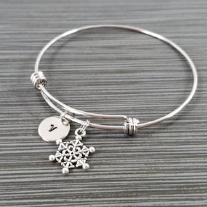 Snowflake Bangle Bracelet- Snowflake Charm Bracelet - Adjustable Bracelet Bangle - Christmas Bracelet - Initial Bracelet - Holiday Bracelet