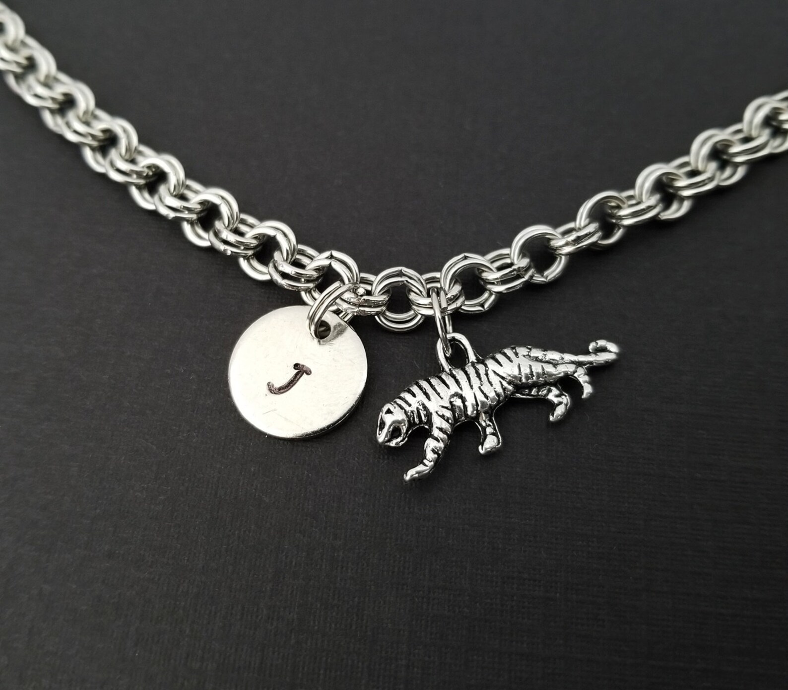 Tiger Bracelet Tiger Charm Bracelet Initial Bracelet Etsy