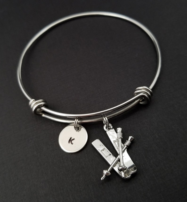 Skiing Bracelet Expandable Bangle Ski Charm Bracelet Initial Bracelet Skier Gift Skiing Bangle Ski Bracelet Sports Bangle image 3