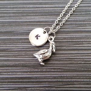 Silver Pelican Necklace - Pelican Charm Pendant - Personalized Necklace - Custom Gift - Initial Necklace - Personalized Gift - Bird Necklace
