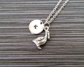 Silver Pelican Necklace - Pelican Charm Pendant - Personalized Necklace - Custom Gift - Initial Necklace - Personalized Gift - Bird Necklace