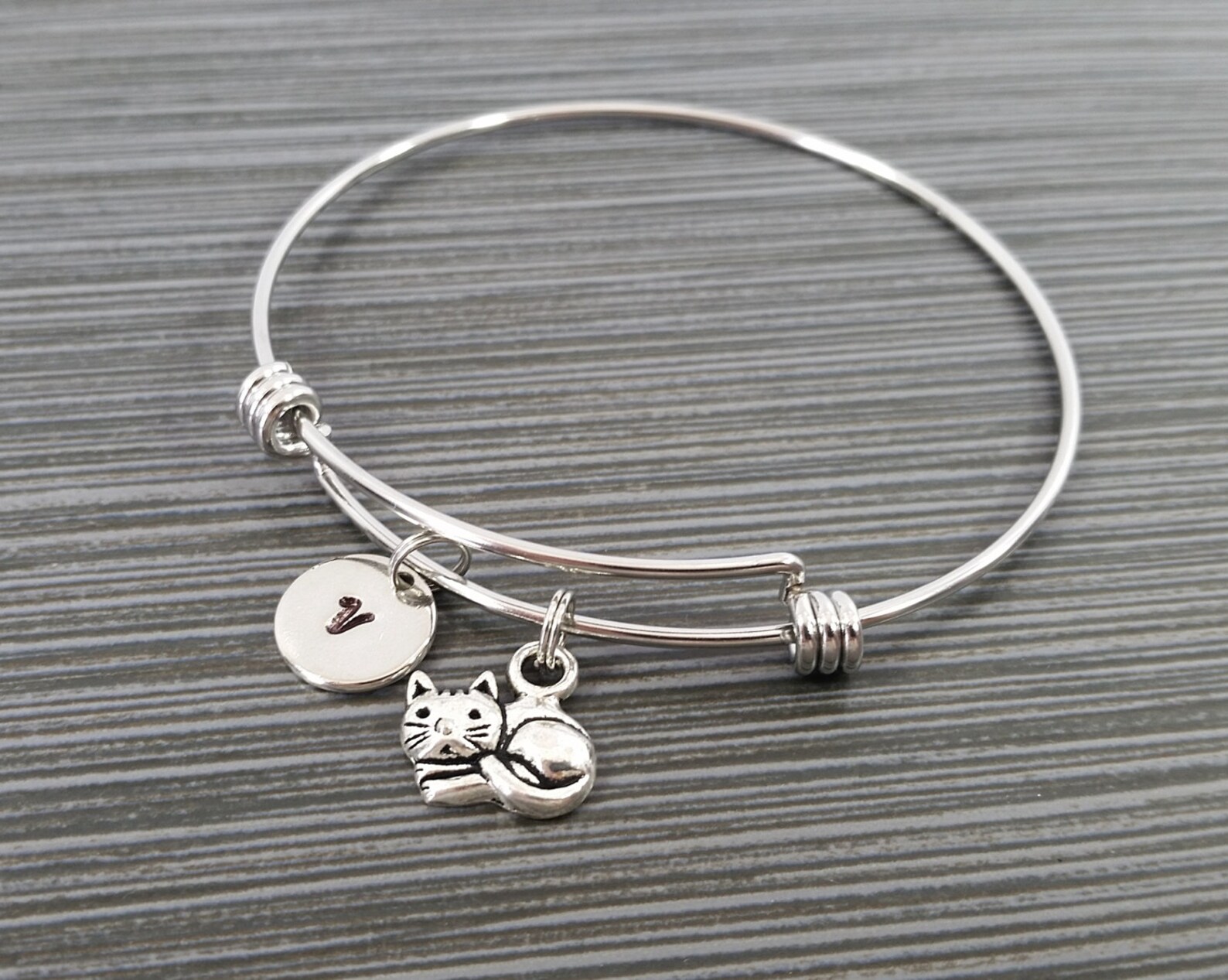 Silver Cat Bangle Sleeping Cat Charm Bracelet Expandable Etsy
