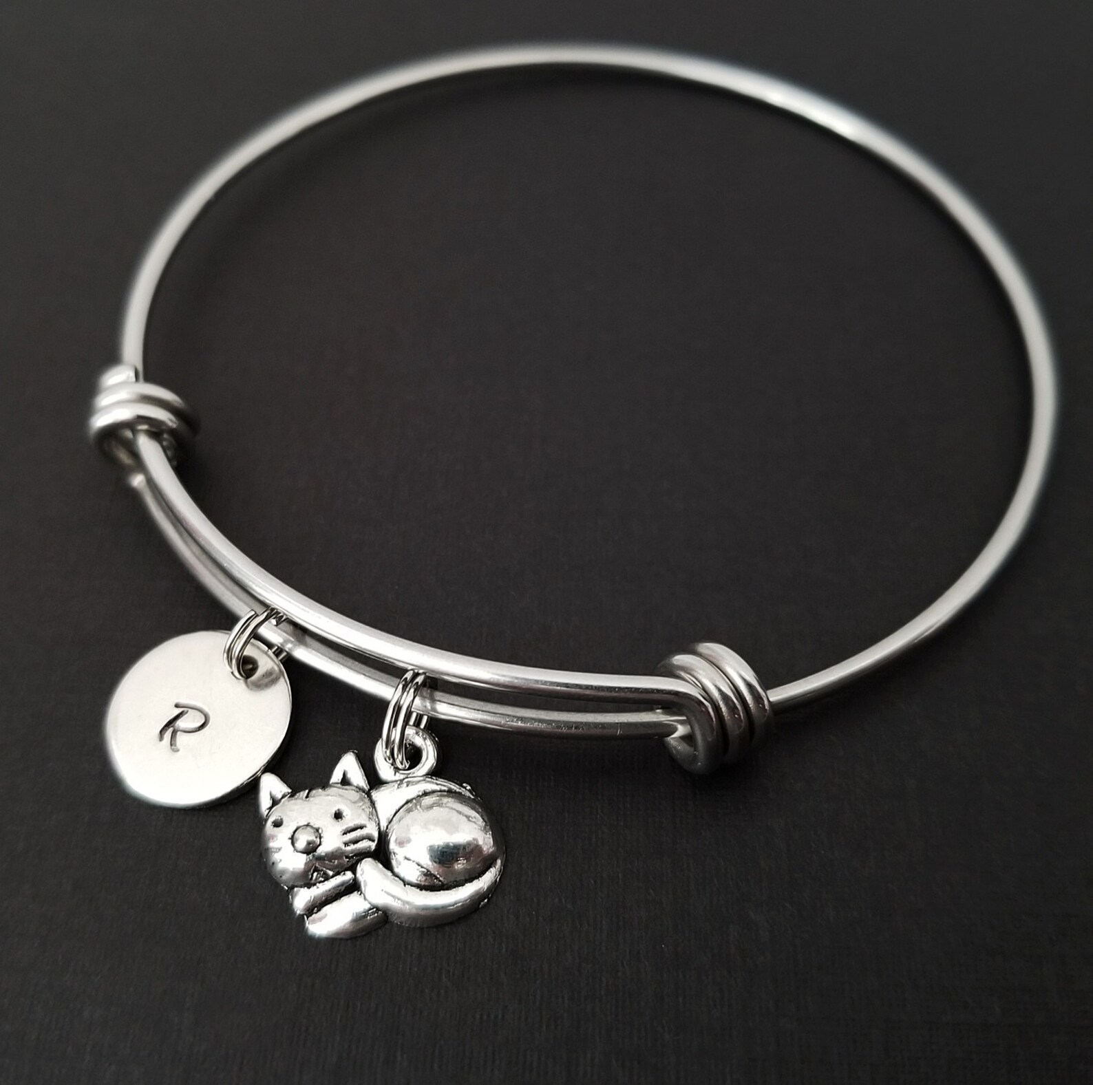 Silver Cat Bangle Sleeping Cat Charm Bracelet Expandable Etsy