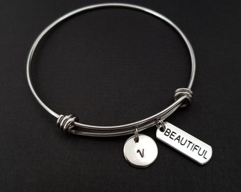 Beautiful Bangle Bracelet - Beautiful Charm Bracelet - Adjustable Bracelet Bangle - Beautiful Initial Bracelet - Inspirational Jewelry