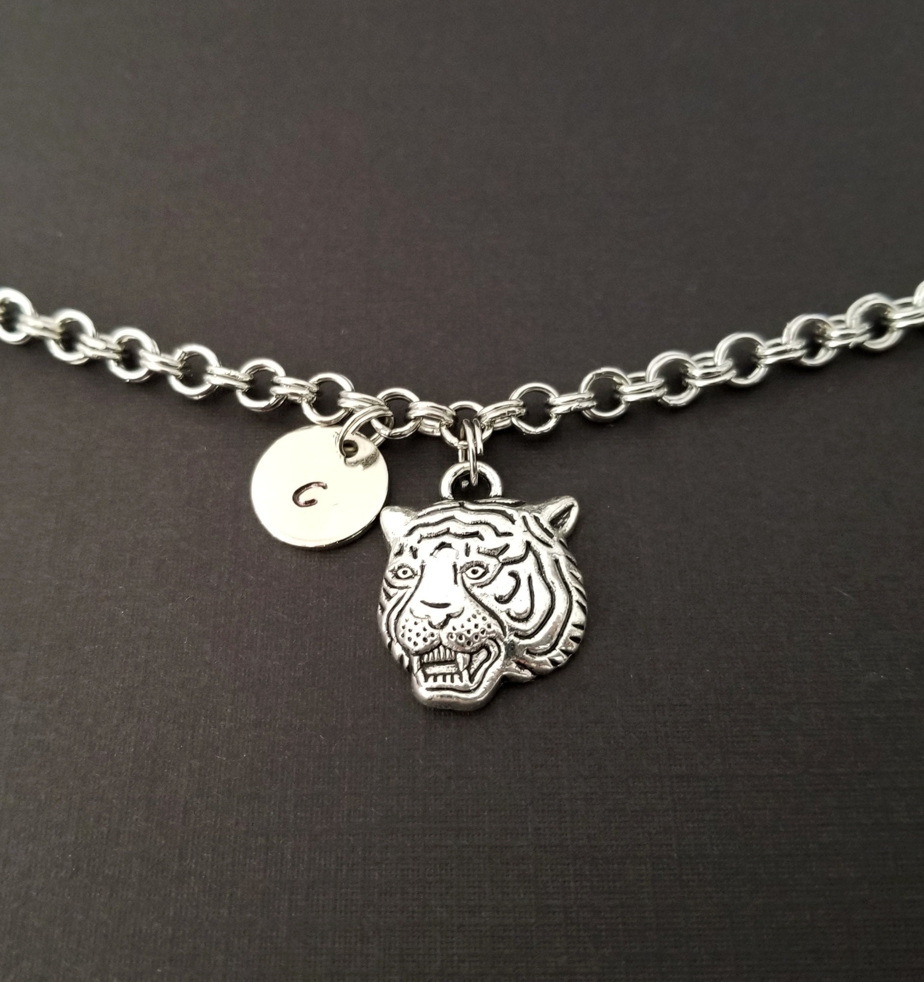 Tiger Head Bracelet Tiger Charm Bracelet Initial Bracelet Etsy