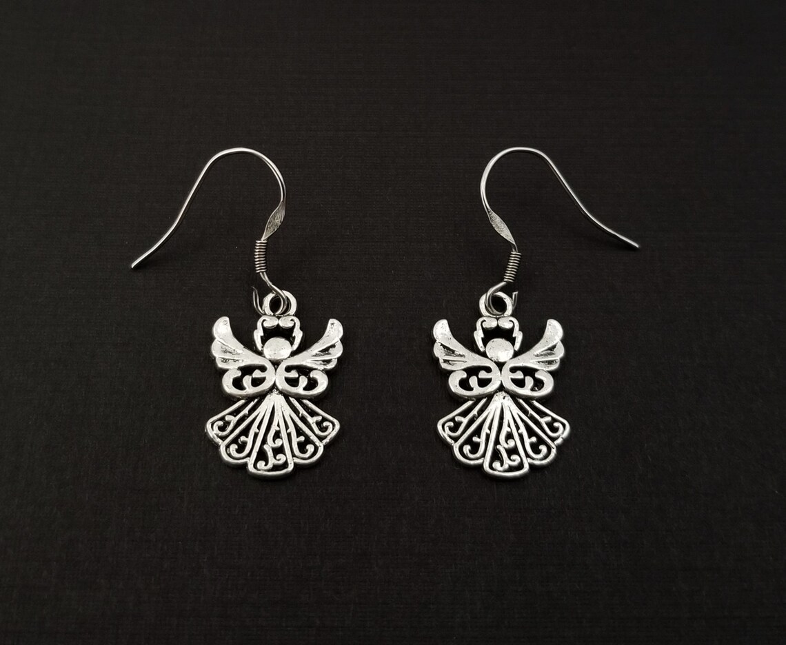 Dainty Angel Earrings Angel Charm Earrings Guardian Angel Etsy