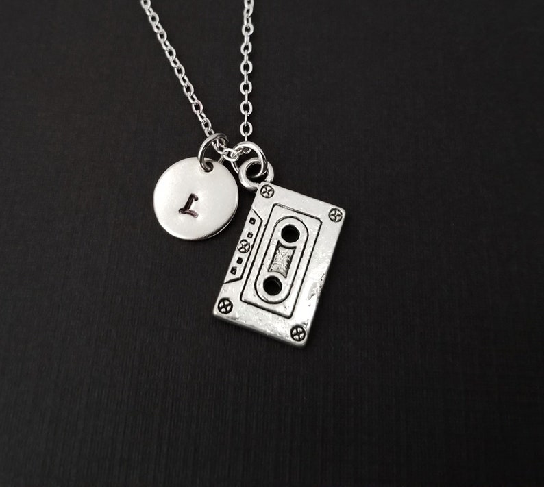 Custom Initial Necklace Cassette Tape Charm Necklace 90s Necklace Silver Mix Tape Necklace Music Necklace Personalized Necklace