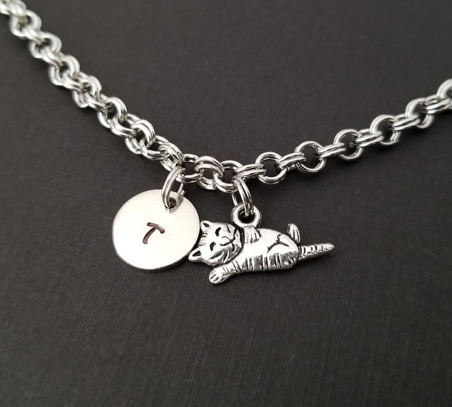 Cat Bracelet Cat Charm Bracelet Initial Bracelet Charm Etsy