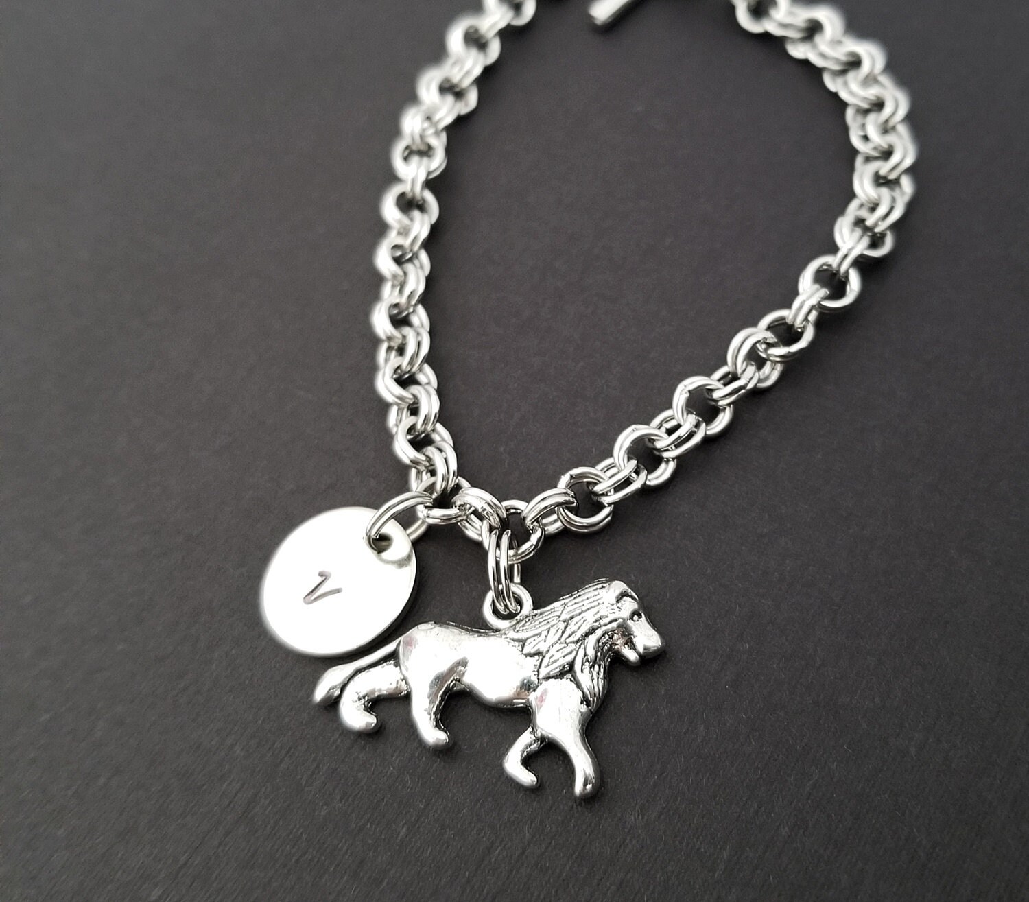 Lion Jewelry Lion Charm Bracelet Initial Bracelet Charm Etsy