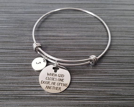 When God Closes One Door He Opens Another Bangle Expandable Charm Bracelet Initial Bracelet Religious Bracelet Bible Verse Bracelet