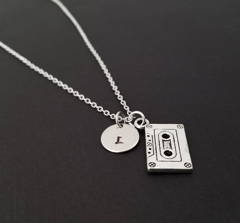 Custom Initial Necklace Cassette Tape Charm Necklace 90s Necklace Silver Mix Tape Necklace Music Necklace Personalized Necklace