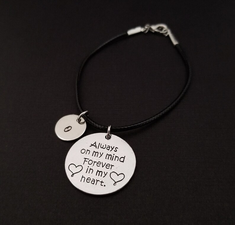 Memorial Bangle Bereavement Gift Always on My Mind Bracelet Black Bracelet Forever in my Heart Cord Charm Bracelet Cord Bracelet