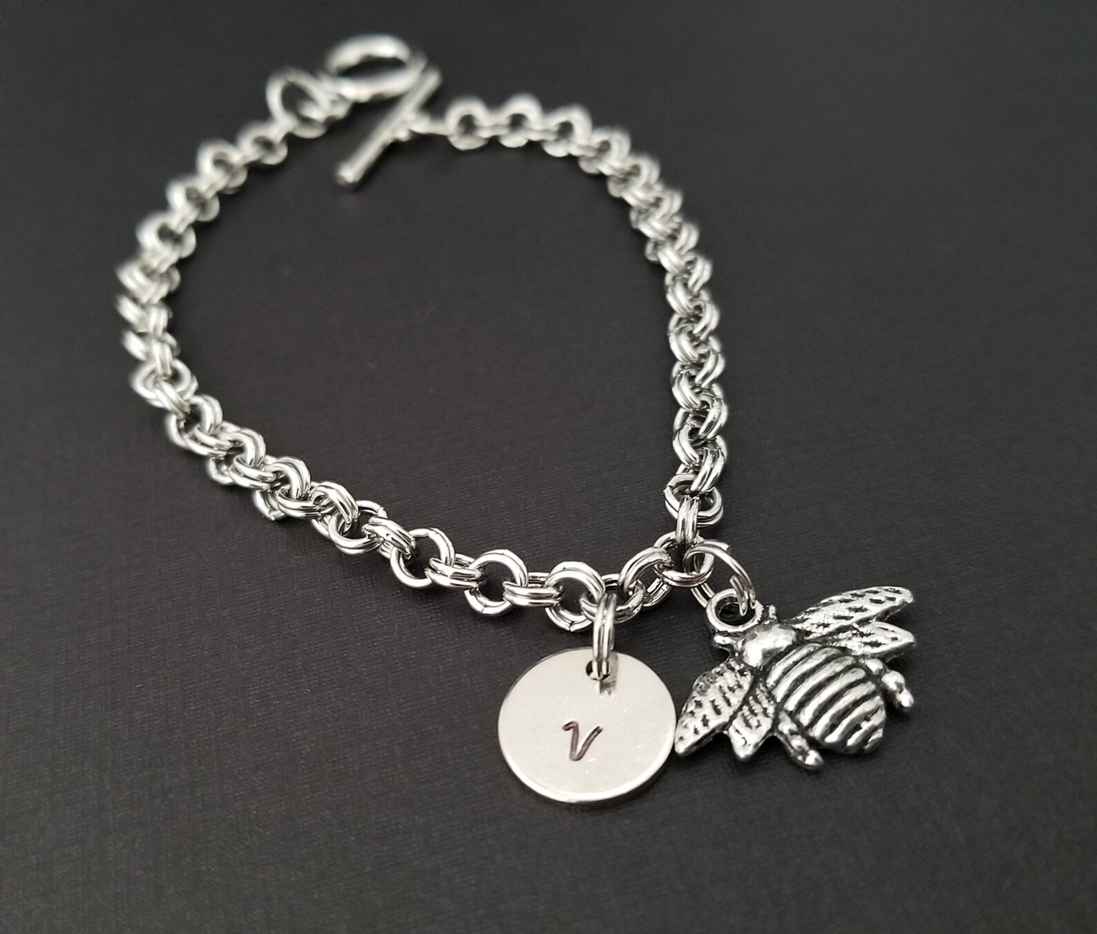 Bee Bracelet Bumblebee Charm Bracelet Initial Bracelet Etsy