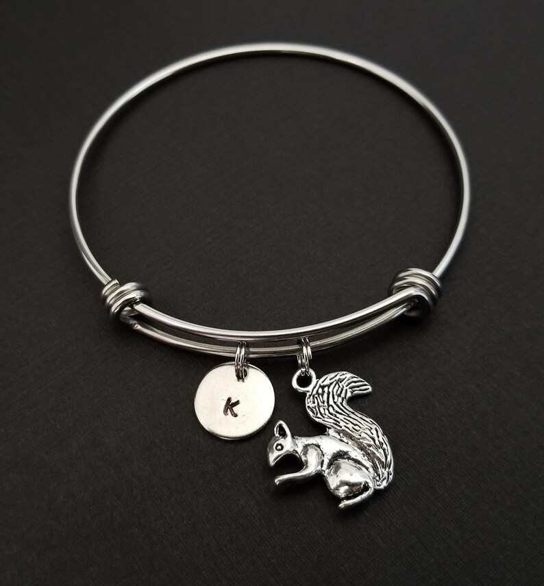 Squirrel Bangle Squirrel Charm Bracelet Expandable Bangle Charm Bangle Squirrel Bracelet Initial Bracelet Woodland Animal Bracelet image 2