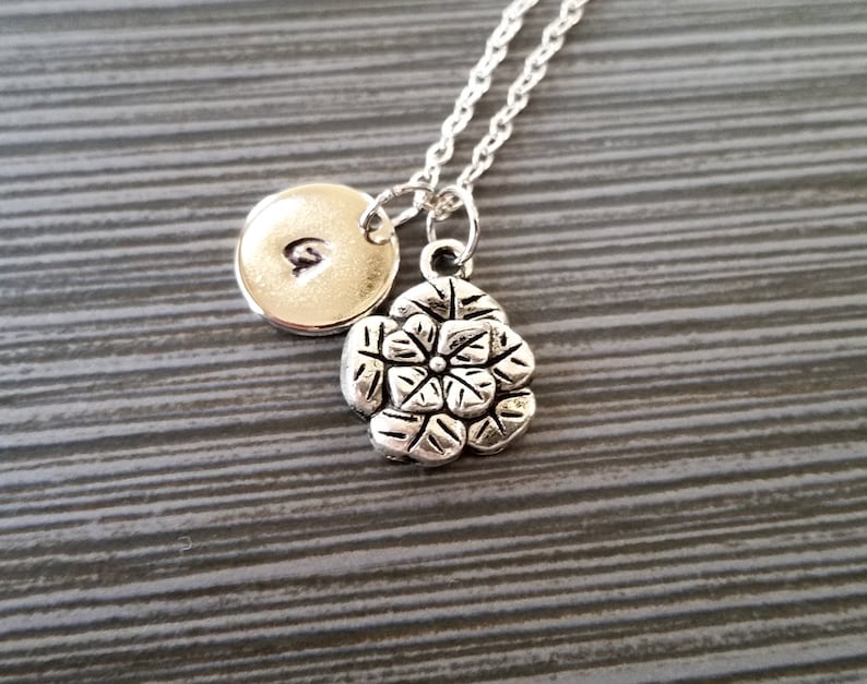 Custom Gift Initial Necklace Detailed Rose Charm Necklace Personalized Necklace Silver Rose Necklace Dainty Flower Necklace