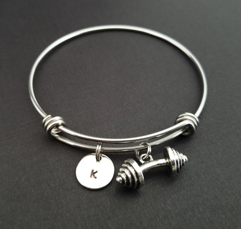 Barbell Bangle Weightlifter Charm Bracelet Fitness Workout Bangle Crossfit Bracelet Barbell Bracelet Personalized Bracelet image 2