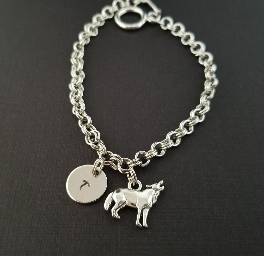 Wolf Bracelet Wolf Charm Bracelet Initial Bracelet Charm Jewelry Wolf
