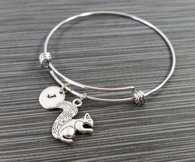 Squirrel Bangle Squirrel Charm Bracelet Expandable Bangle Charm Bangle Squirrel Bracelet Initial Bracelet Woodland Animal Bracelet image 3