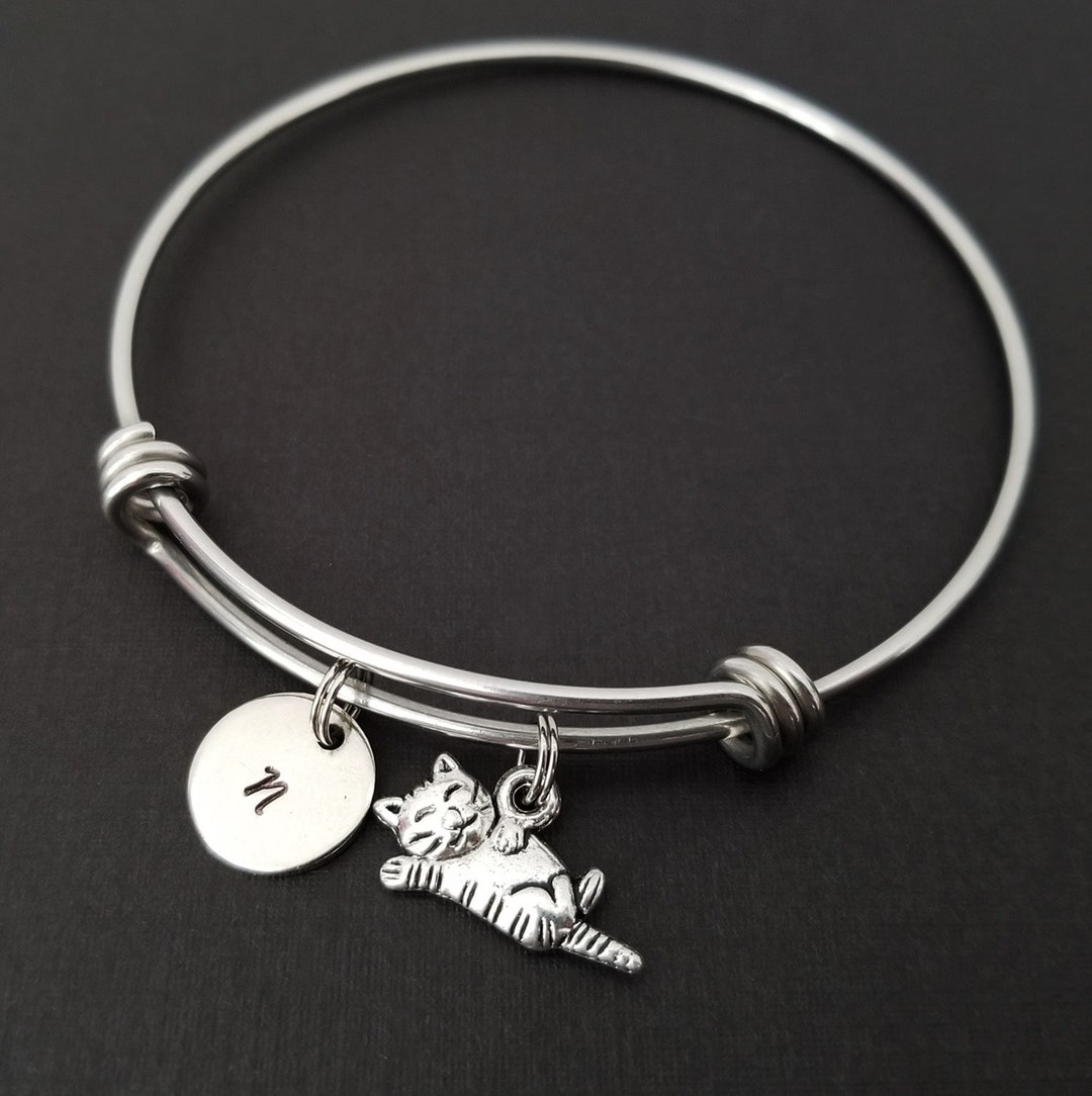 Silver Cat Bangle Sleeping Cat Charm Bracelet Expandable Etsy UK