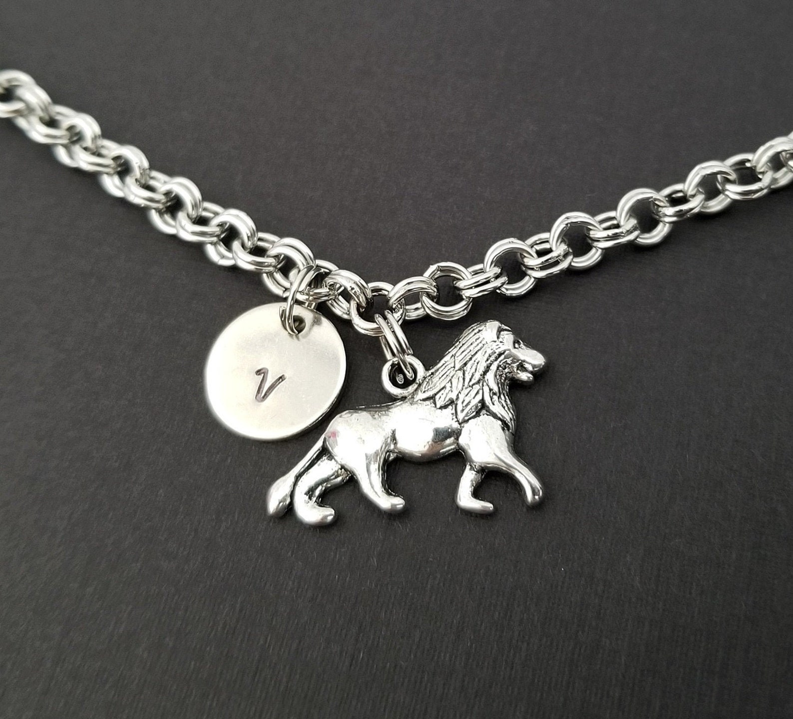 Lion Jewelry Lion Charm Bracelet Initial Bracelet Charm Etsy