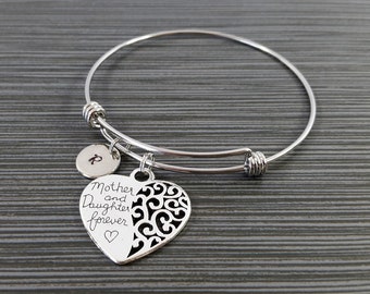 Mom Bangle - Mother Daughter Bracelet - Expandable Bangle - Mom Charm Bracelet - Initial Bracelet - Mom Gift - Mother Bracelet - Mom Heart