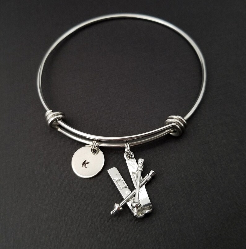 Skiing Bracelet Expandable Bangle Ski Charm Bracelet Initial Bracelet Skier Gift Skiing Bangle Ski Bracelet Sports Bangle image 1