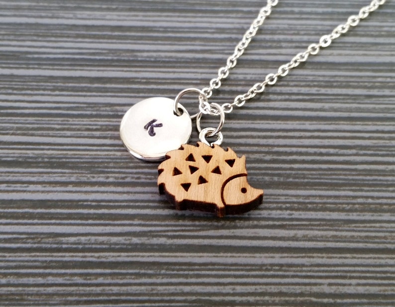 Wooden Hedgehog Necklace Hedgehog Charm Necklace Personalized Necklace Custom Gift Initial Necklace Silver Charm Necklace image 5