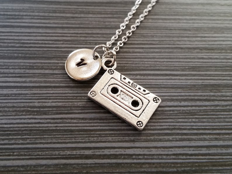 Custom Initial Necklace Cassette Tape Charm Necklace 90s Necklace Silver Mix Tape Necklace Music Necklace Personalized Necklace
