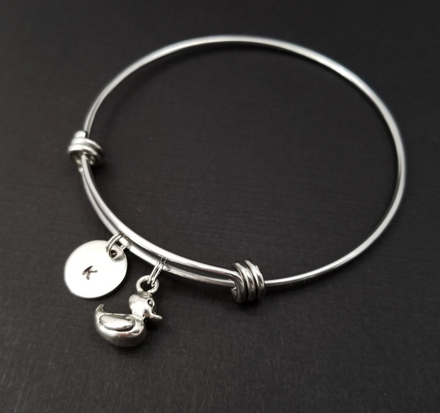 Rubber Duck Bangle - Ducky Charm Bracelet - Expandable Bangle - Charm Bangle - Rubber Duck Bracelet - Initial Bracelet - Bird Bracelet