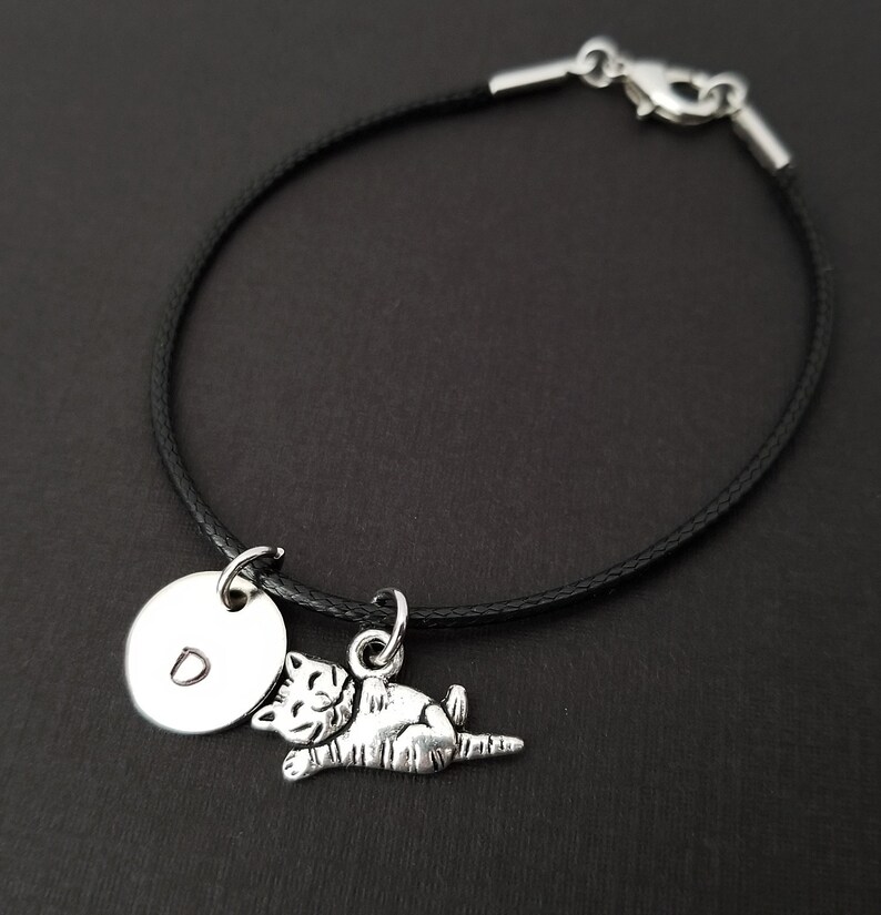 Cat Charm Bracelet Cord Bracelet Black Bracelet Best Friends Bracelet Cat Bracelet Animal Bracelet Gift for Cat Lover Gift image 1