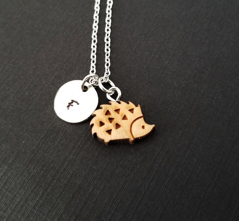 Wooden Hedgehog Necklace Hedgehog Charm Necklace Personalized Necklace Custom Gift Initial Necklace Silver Charm Necklace image 2