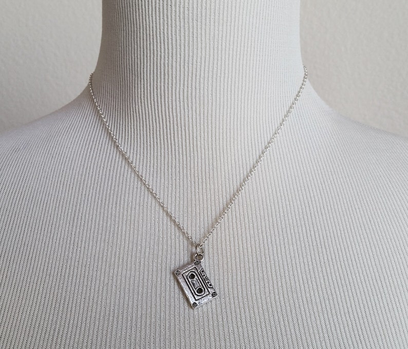 Custom Initial Necklace Cassette Tape Charm Necklace 90s Necklace Silver Mix Tape Necklace Music Necklace Personalized Necklace