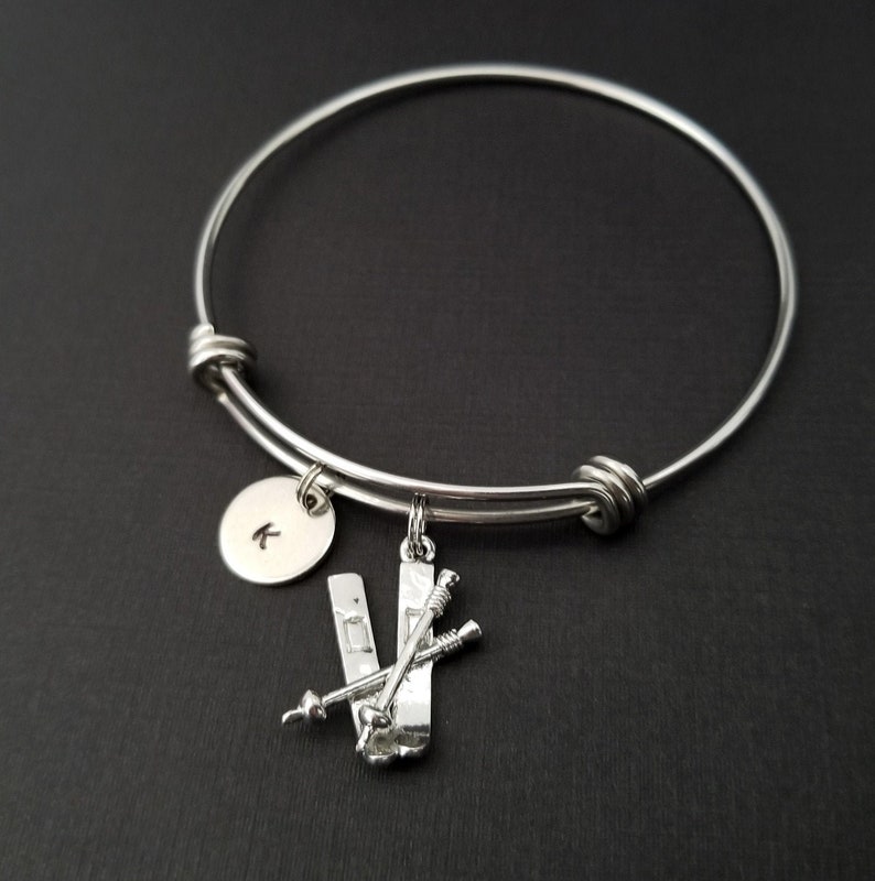 Skiing Bracelet Expandable Bangle Ski Charm Bracelet Initial Bracelet Skier Gift Skiing Bangle Ski Bracelet Sports Bangle image 2