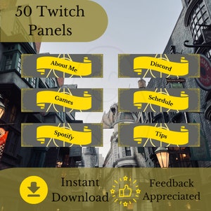 May include: A set of 50 Twitch panels featuring a yellow and gray color scheme with a Hogwarts-themed background. The panels include titles such as "About Me", "Discord", "Schedule", "Games", "Spotify", and "Tips".