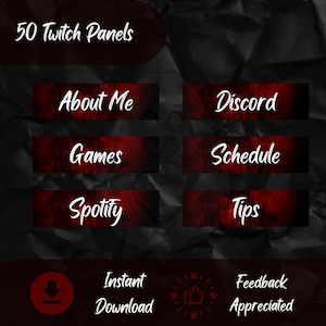Può includere: 50 pannelli Twitch con un design grunge rosso e nero. I pannelli includono testo come "Informazioni su di me", "Discord", "Giochi", "Programma", "Spotify", "Suggerimenti", "Download immediato", "Feedback apprezzato".