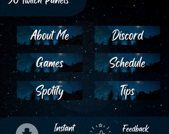 50 Moody Blue Nighttime Twitch-panelen | Forest Botanical Stars Night | Twitch-bundelpakket