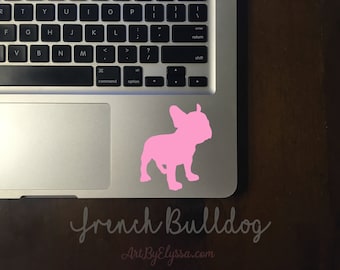 May include: Pink silhouette of a French Bulldog on a silver laptop with a black keyboard. The text "french Bulldog" and "ArtByElyssa.com" are below the silhouette.