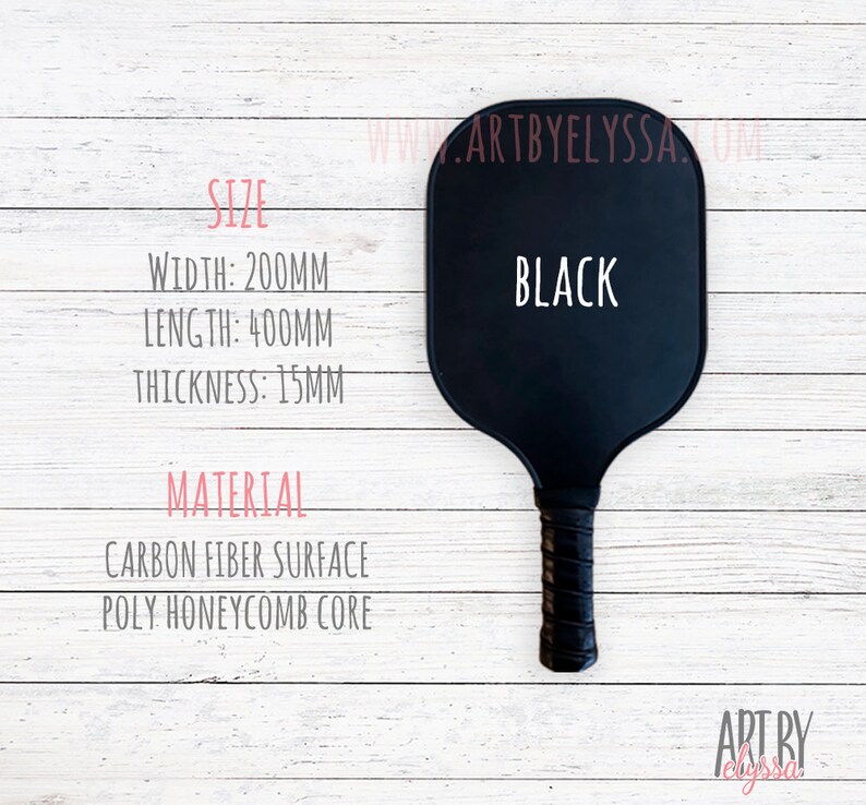 May include: A black paddleball racket with a carbon fiber surface and a poly honeycomb core. The racket is 200mm wide, 400mm long, and 15mm thick. The text "BLACK" is printed on the racket.