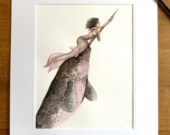 Mermaid Narwhal Watercolor Art Print, Signed Fine Art Print, 11x14 Fantasy Art