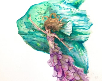 Mermaid Sunfish Watercolor Art Print, Signed Fine Art Print, 11x14 Fantasy Art
