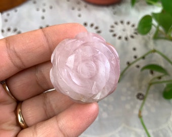 May include: A carved rose made of light pink rose quartz. The rose is in full bloom, with detailed petals. The stone is held in a hand, with a blurred background of plants and other objects.