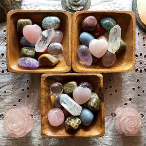 13 Piece Tumbled Stone Bowl Set // 4” Wood Bowl, 10 Tumbled Crystals ...