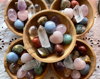 15 Piece Tumbled Stone Bowl Set // 4.5” Teak Wood Bowl, 12 Tumbled Stones, Quartz Crystal Point, 30mm Rose Quartz Mini Heart