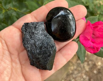 Black Tourmaline Set- Rough Black Tourmaline and Black Tourmaline Pocket Stone