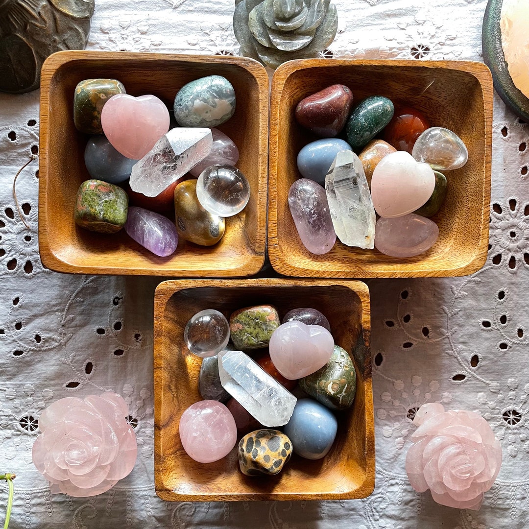 13 Piece Tumbled Stone Bowl Set // 4” Wood Bowl, 10 Tumbled Crystals ...