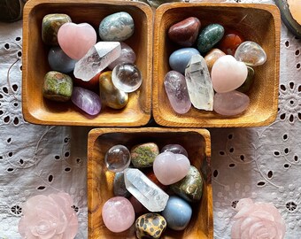 13 Piece Tumbled Stone Bowl Set // 4” Wood Bowl, 10 Tumbled Stones, Quartz Crystal Point, 30mm Rose Quartz Mini Heart