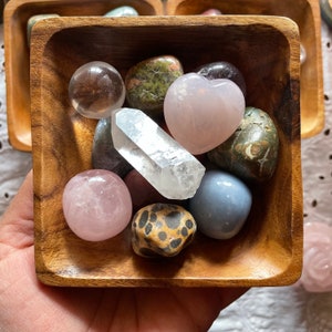 13 Piece Tumbled Stone Bowl Set // 4” Wood Bowl, 10 Tumbled Crystals ...