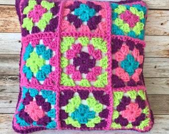 Granny Square Crocheted Pillow Free Shipping