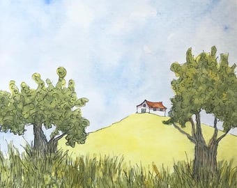 Original Watercolor Painting Line and Wash Painting 6 x 6