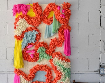 Tapiz de pared de macramé colorido: gran tapiz escultural de lana: arte textil inspirado en arrecifes de coral para interiores modernos